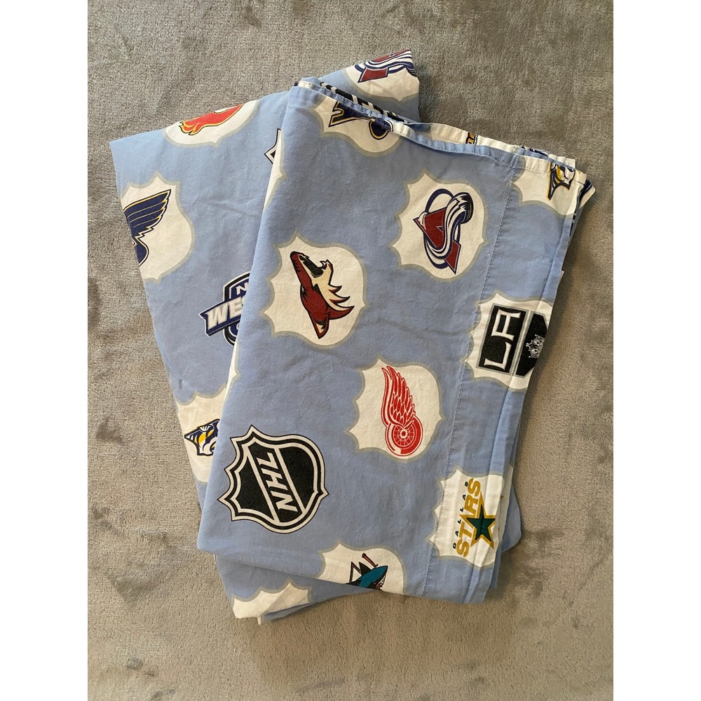 PBteen NHL Sheet Set Kids Twin Blue Hockey Team Logos Flat Fitted 2pc 2012 READ